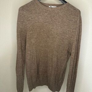 Zara Taupe Crewneck Lighhtweight Lane Wool Sweater